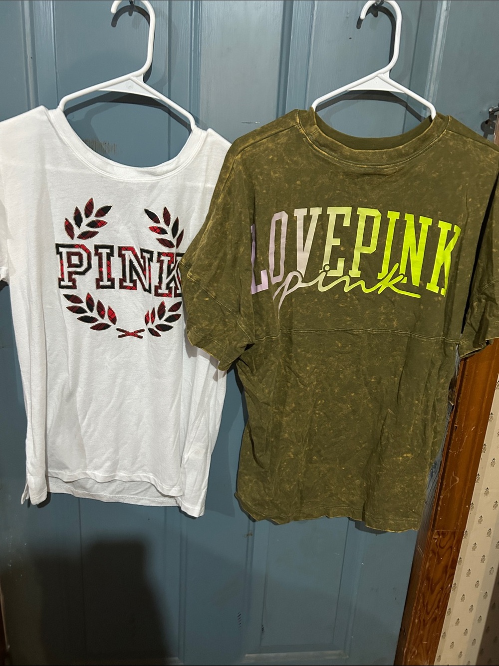 PINK Victoria's Secret White & Olive Green Graphic Tee Duo